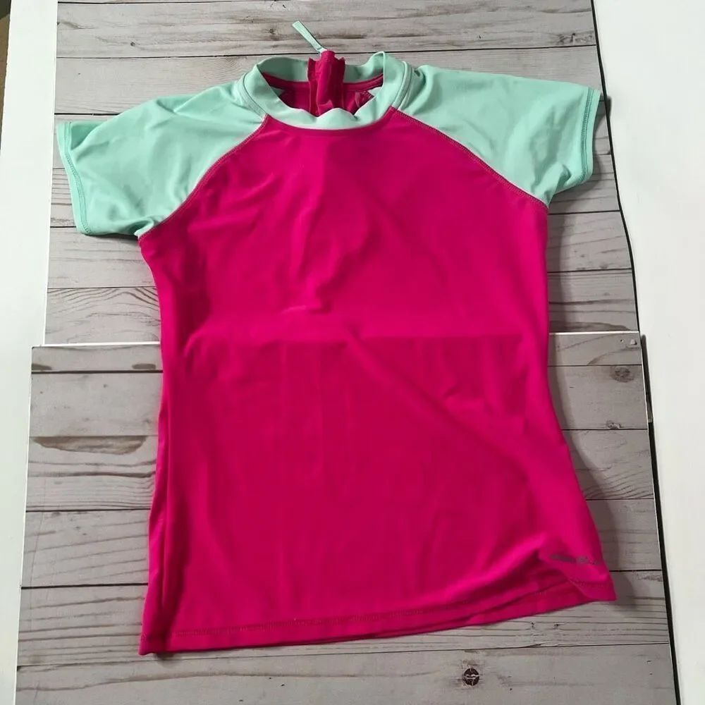Eddie Bauer Pink Sea Blue Swim Shirt Rash Guard Top